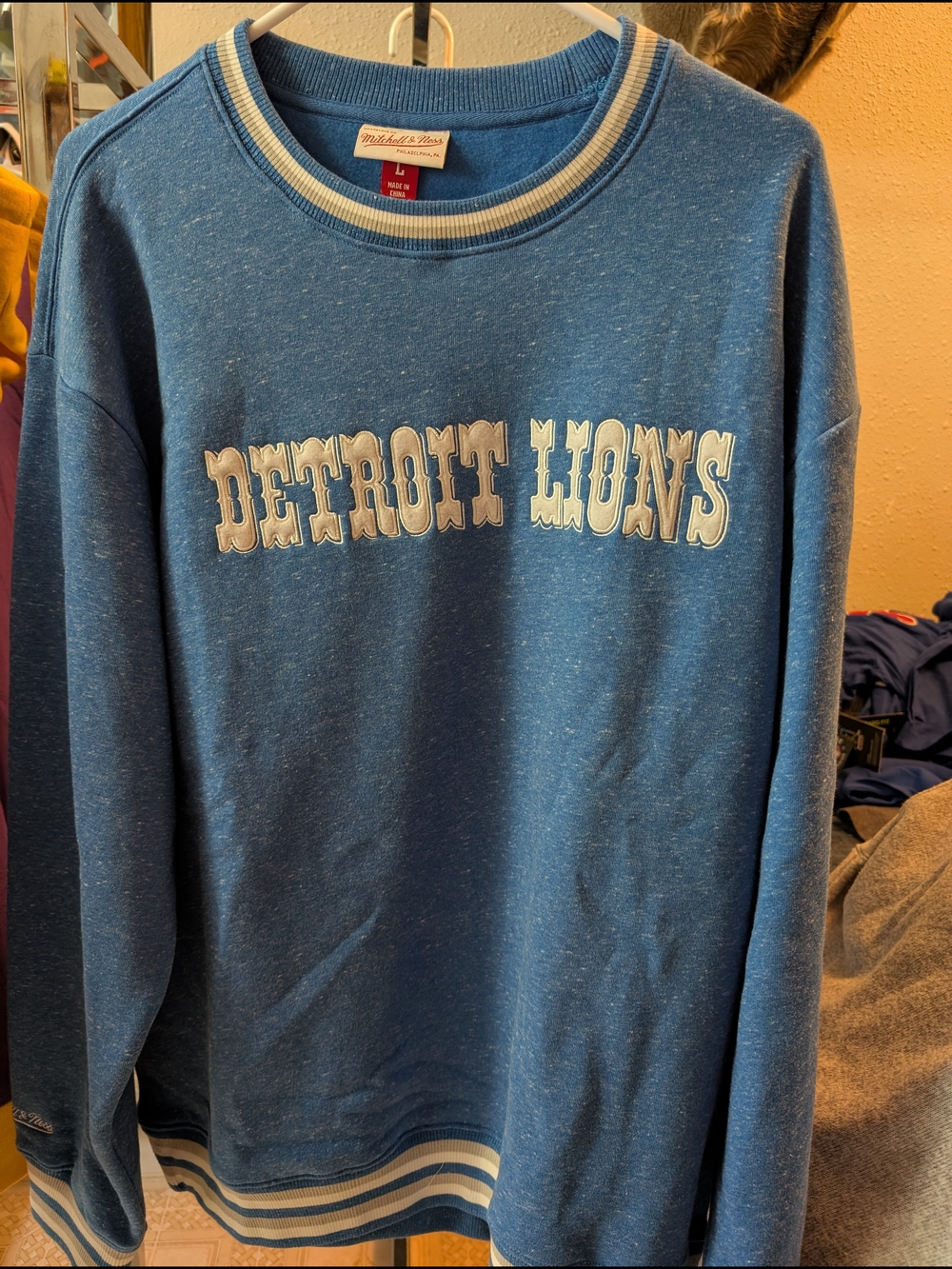 Mitchell & Ness Blue Detroit Lions Crewneck Pullover